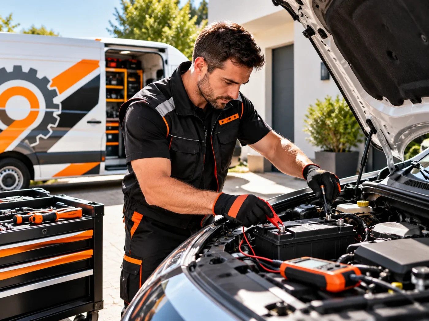 Garagiste travaillant dans le compartiment moteur