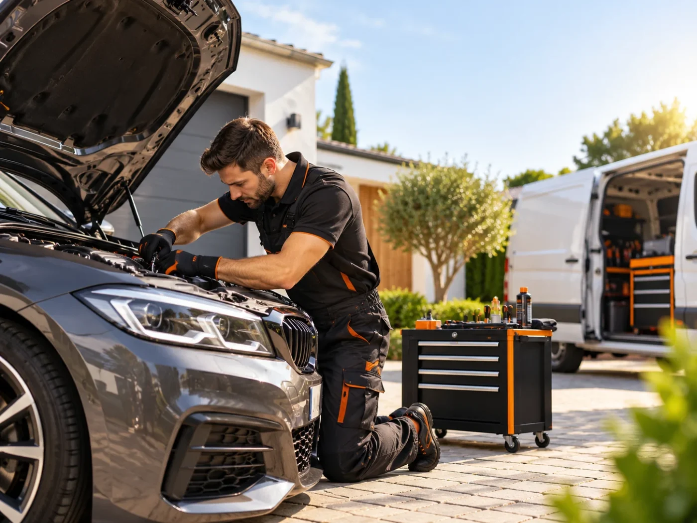 Garagiste utilisant un outil de diagnostic automobile